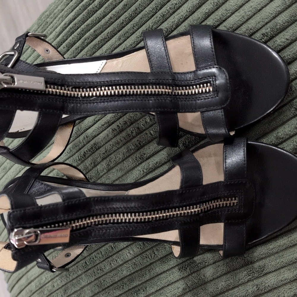 Michael Kors Black Leather Sandals with Zipper Detail